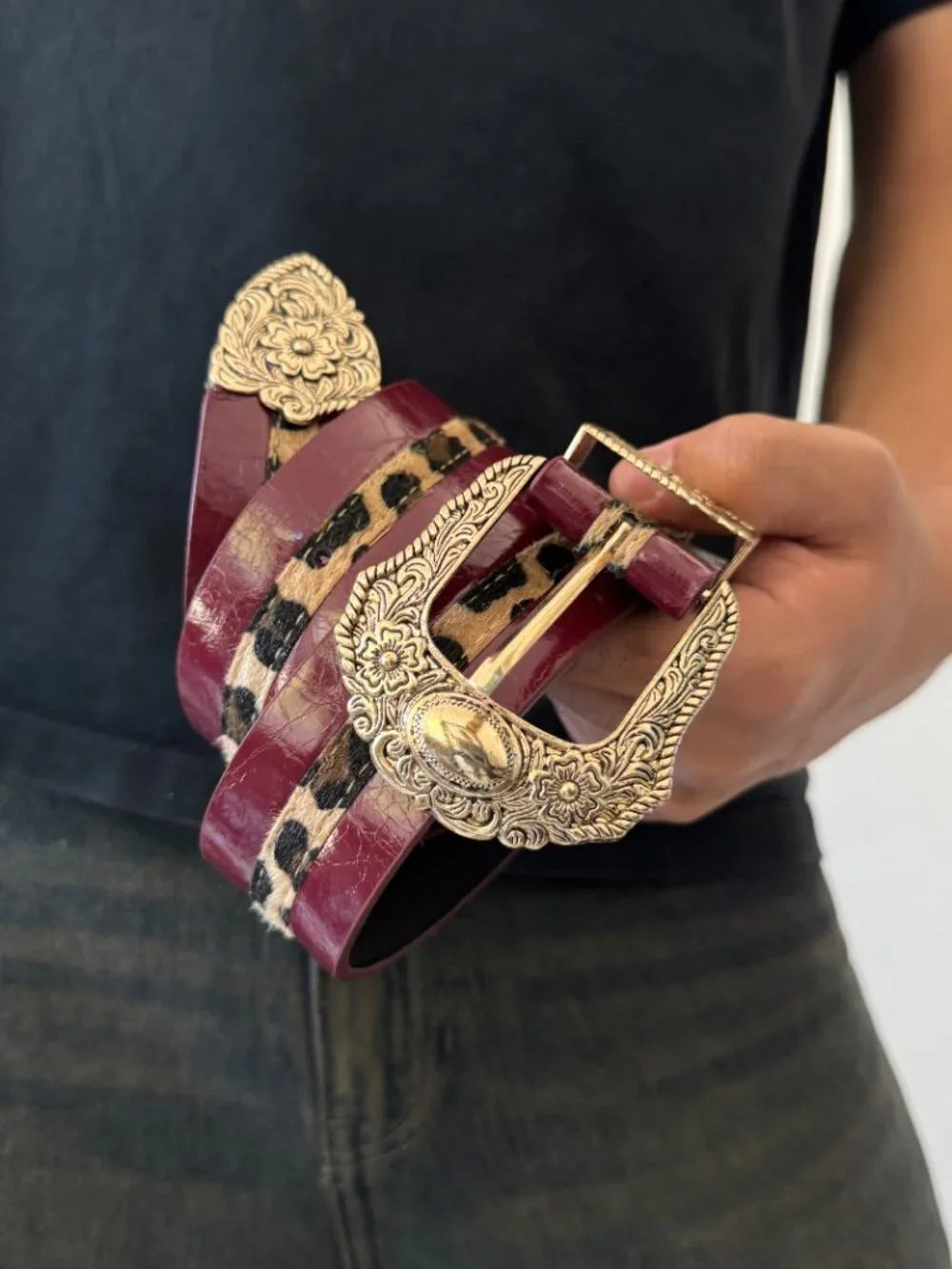 Burgundy Patent Leopard Inlay Western Belt